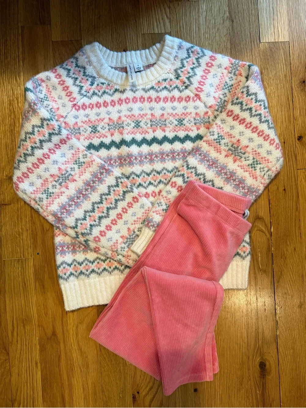 Janie and Jack Fair Isle Crewneck Sweater - Cream, Pink & Green